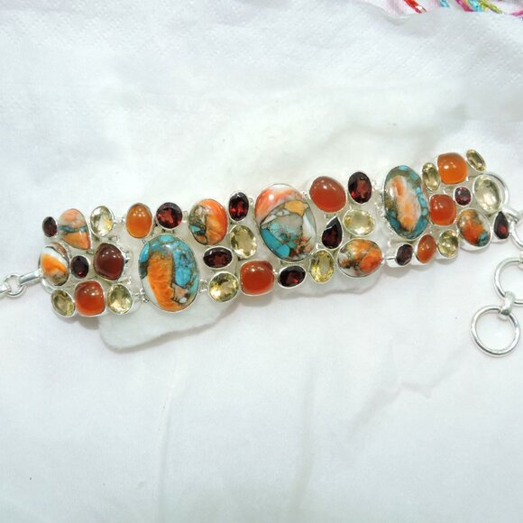 Semi Pricious Gemstone 925 Sterling Silver Bracelets, Chunky Multi Bracelets - Picture 3 of 6